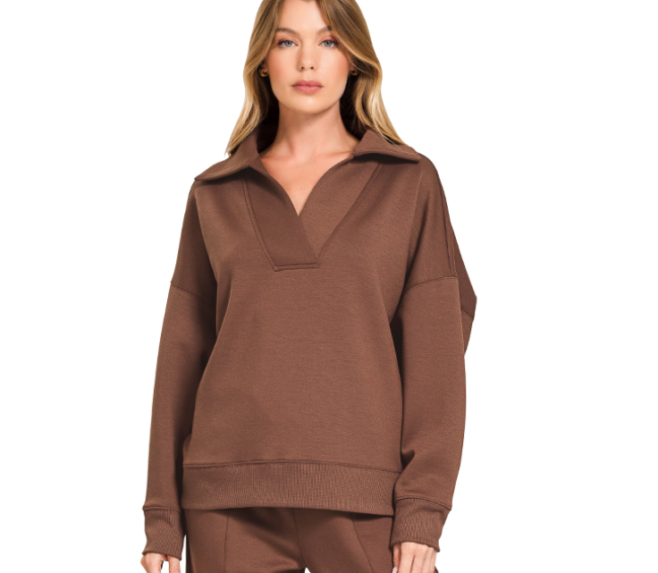 Zenana Scuba Collared Pullover Top- Brown