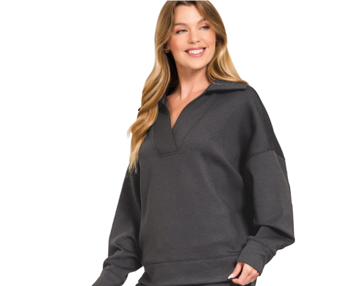 Zenana Scuba Collared Pullover Top- Black