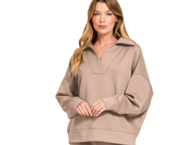 Zenana Scuba Collared Pullover Top- Cocoa