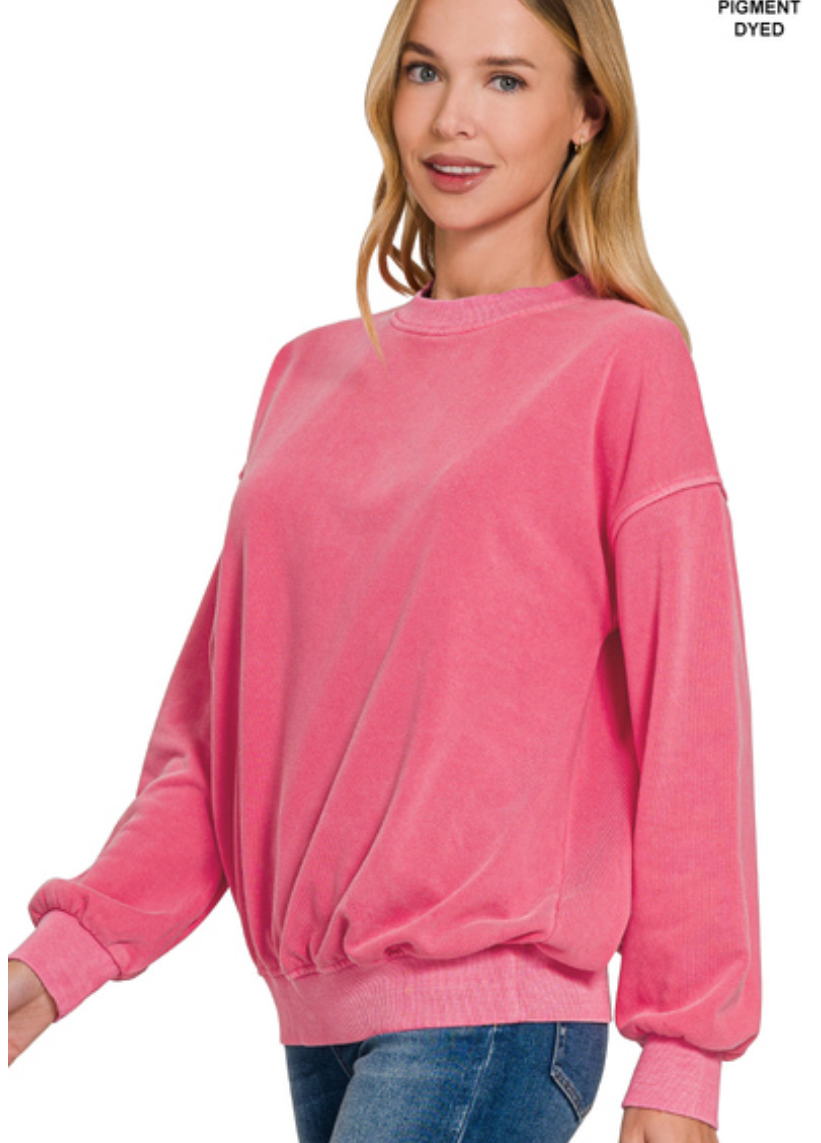 Zenana Soft Fleece Round- Neck Sweatshirt- Hot Pink