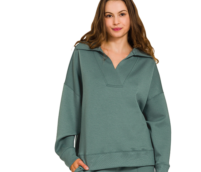 Zenana Scuba Collared Pullover Top- Ash Jade