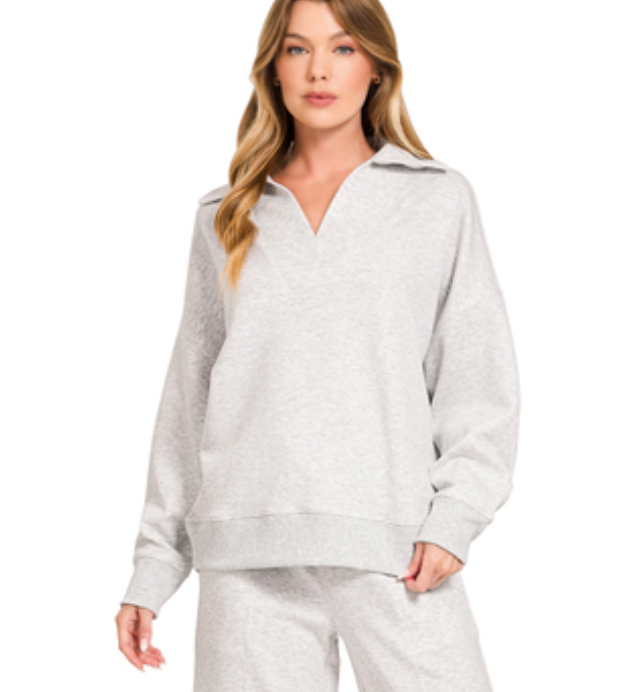 Zenana Scuba Collared Pullover Top- Heather Gray