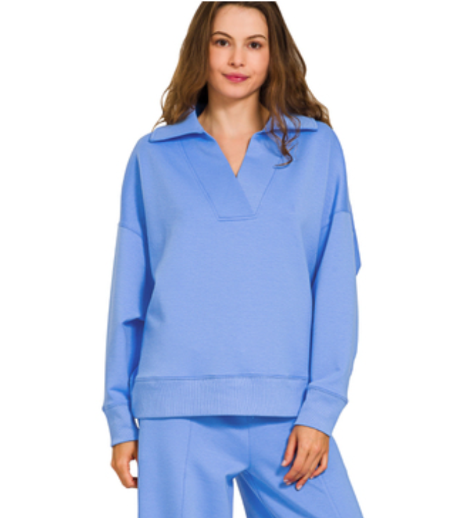 Zenana Scuba Collared Pullover Top- Cornflower Blue