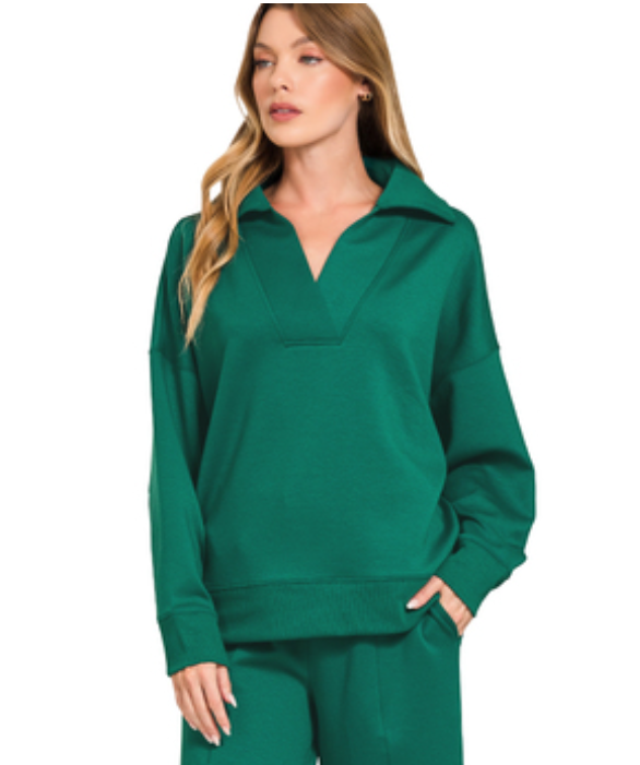 Zenana Scuba Collared Pullover Top- Hunter Green