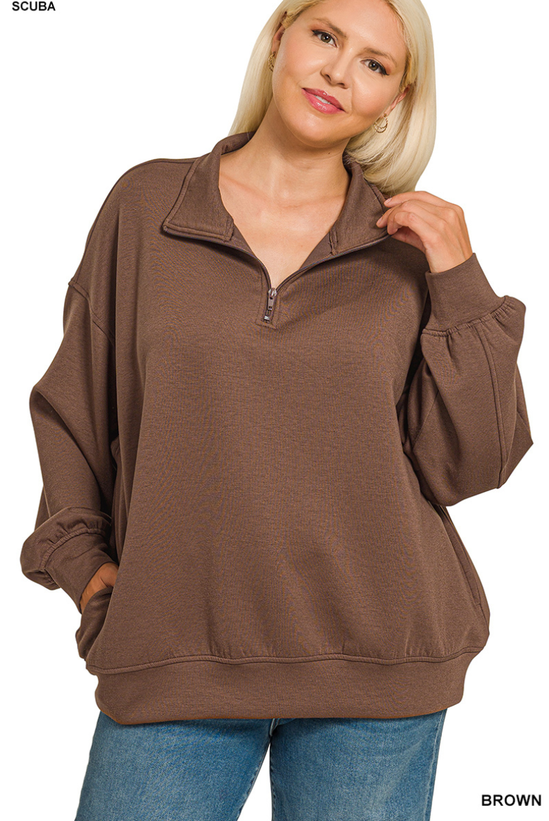 Zenana Scuba Half Zip Pullover- Brown