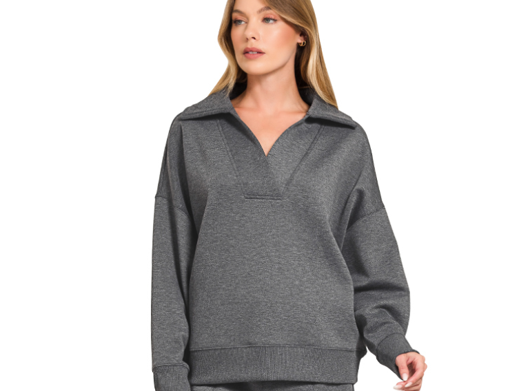 Zenana  Scuba Collared Pullover Top-  Charcoal