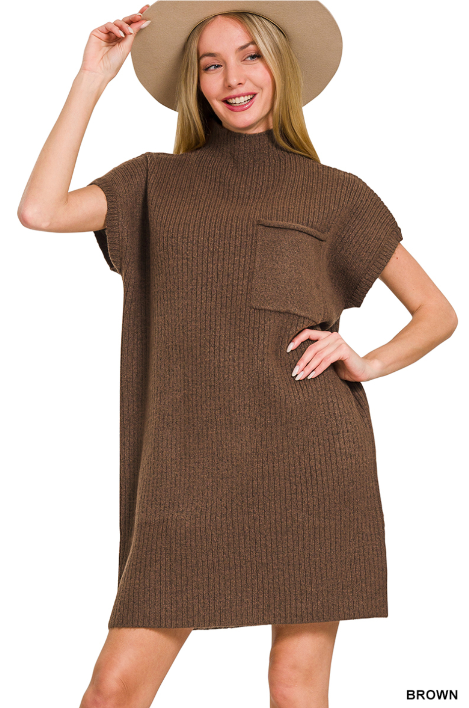 Brown Mock Neck Short Sleeve Sweater Dress – Rebecca's of Clinton