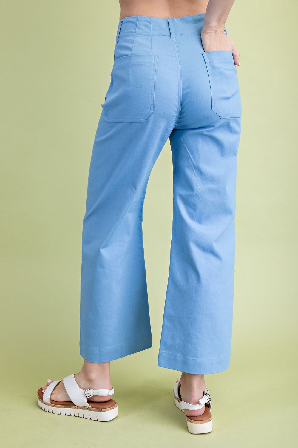 Blue Ankle Cropped Summer Pants in a Stretchy Denim-Like Fabric with Pockets