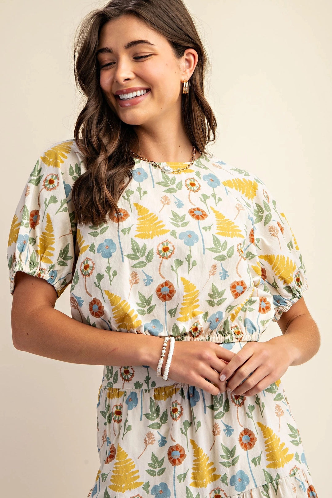 Natural Printed Elastic Waistband Short Sleeve Top