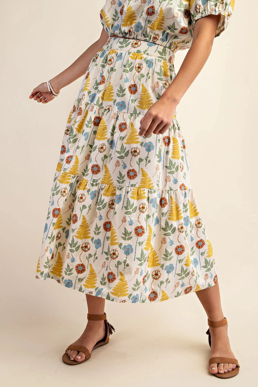 Natural Printed Long Elastic Waistband Skirt with Side Pockets