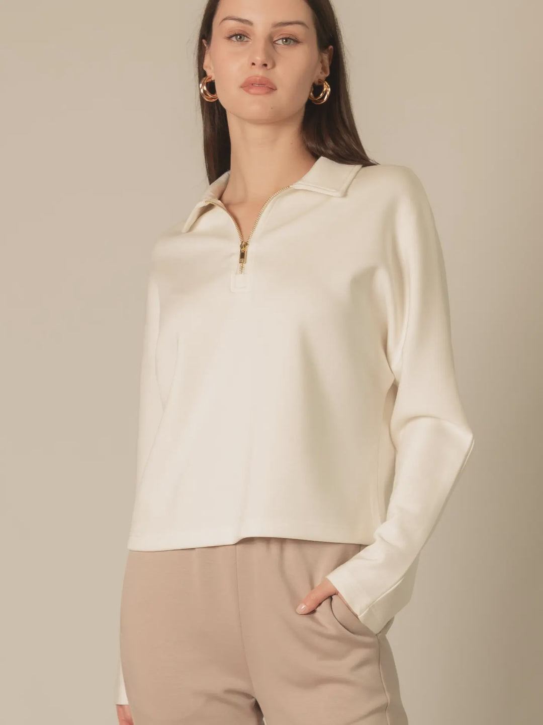 P. Cill  Butter Modal Long Sleeve Quarter Zip Top- Ivory