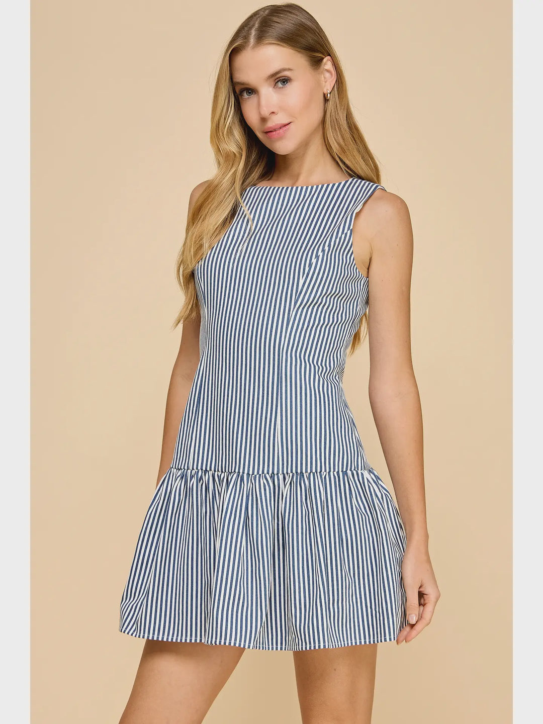 TCEC Striped Boatneck Dropped Waist Ruffled Hem Dress- Blue