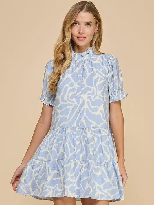 TCEC Abstract Animal Print Puff Sleeves Dress-Blue