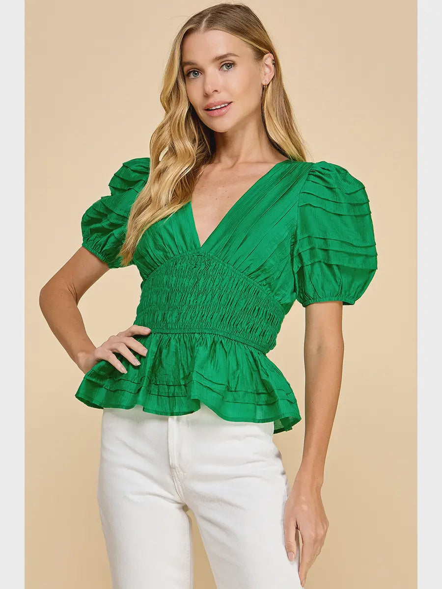 TCEC Smocked Waist Puff Sleeve Top- Kelly Green