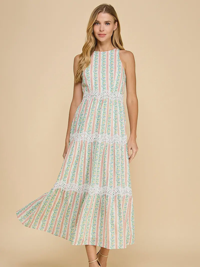 Peach Floral Stripe Print Scallop Lace Accent Midi