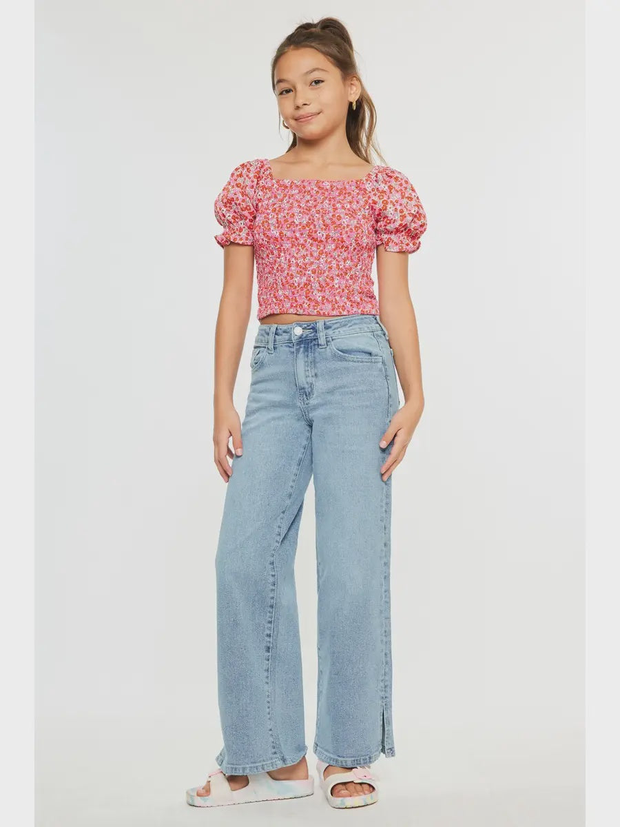 Kancan Girls High Rise Wide Leg Jeans- Light Wash