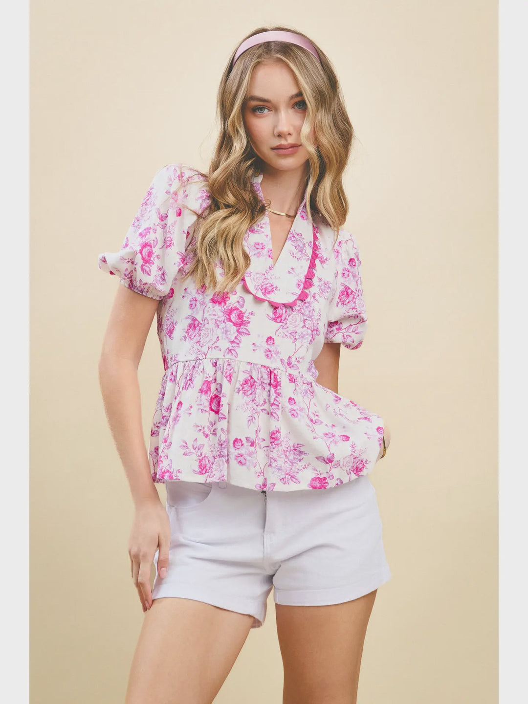 Pink Floral Printed Bubble Sleeves Peplum Top
