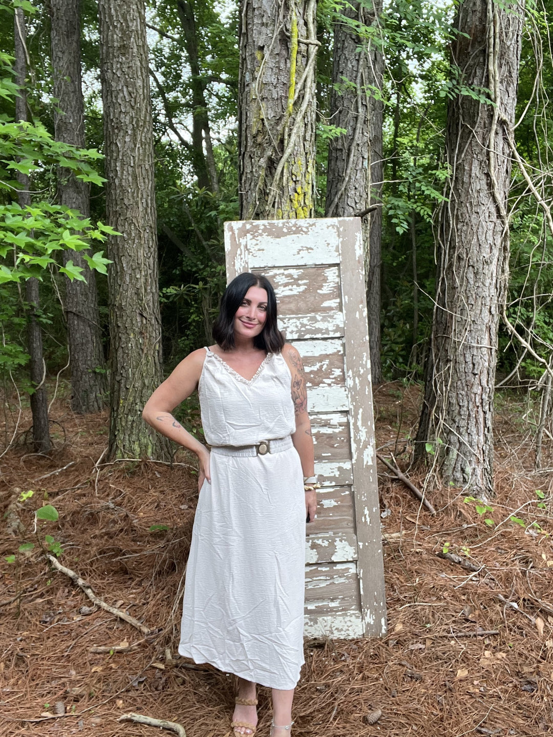 ONLINE EXCLUSIVE Beige Ruffle V Dress