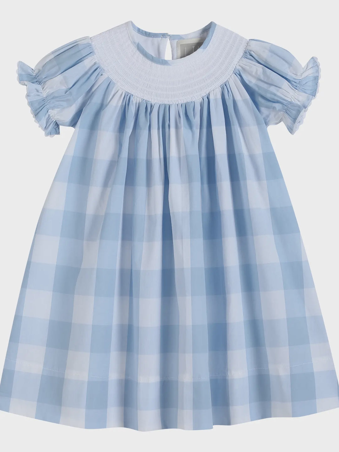 Girls Light Blue Large Check Smocked Bishop Dress