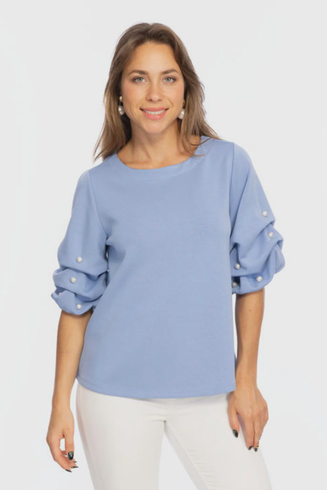Lior Zila Cornflower Soft Buttery Knit Top With Pearls Puff Sleeves Detailing