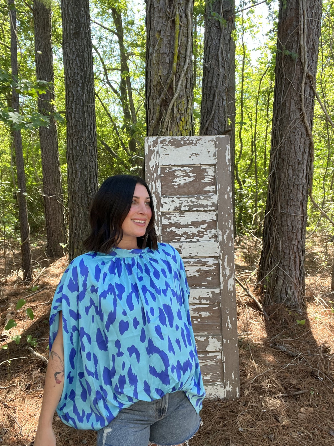 ONLINE EXCLUSIVE Blue Leopard Print Mock Neck Top