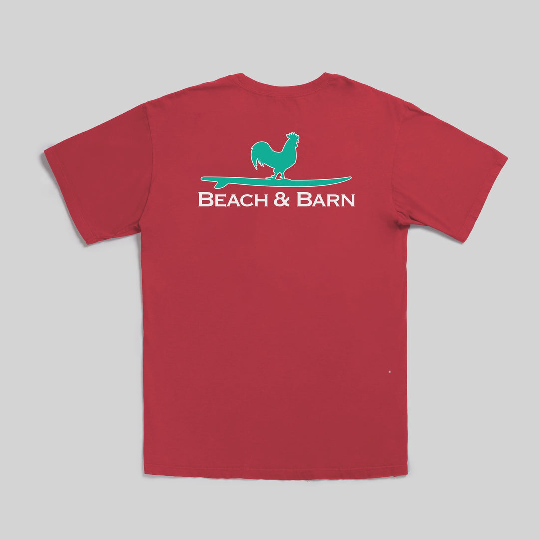 Beach and Barn Surfing Rooster Tee Shirt- Brick
