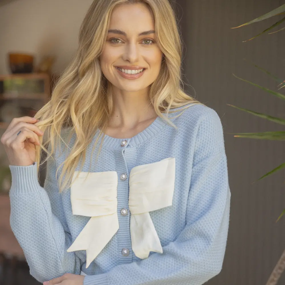 VOY Contrast Bow Sweater Cardigan