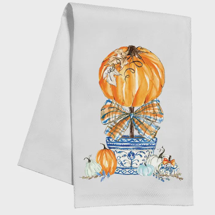 RosanneBeck Pumpkin Topiary Orange and Blue Plaid Bow Kitchen Towel