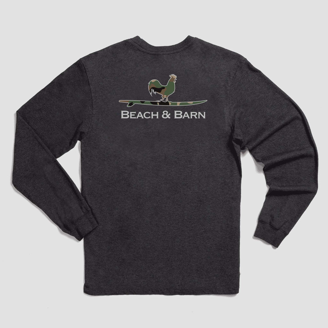 Beach and Barn Surfing Rooster Camo Long Sleeve Tee Shirt- Charcoal Heather