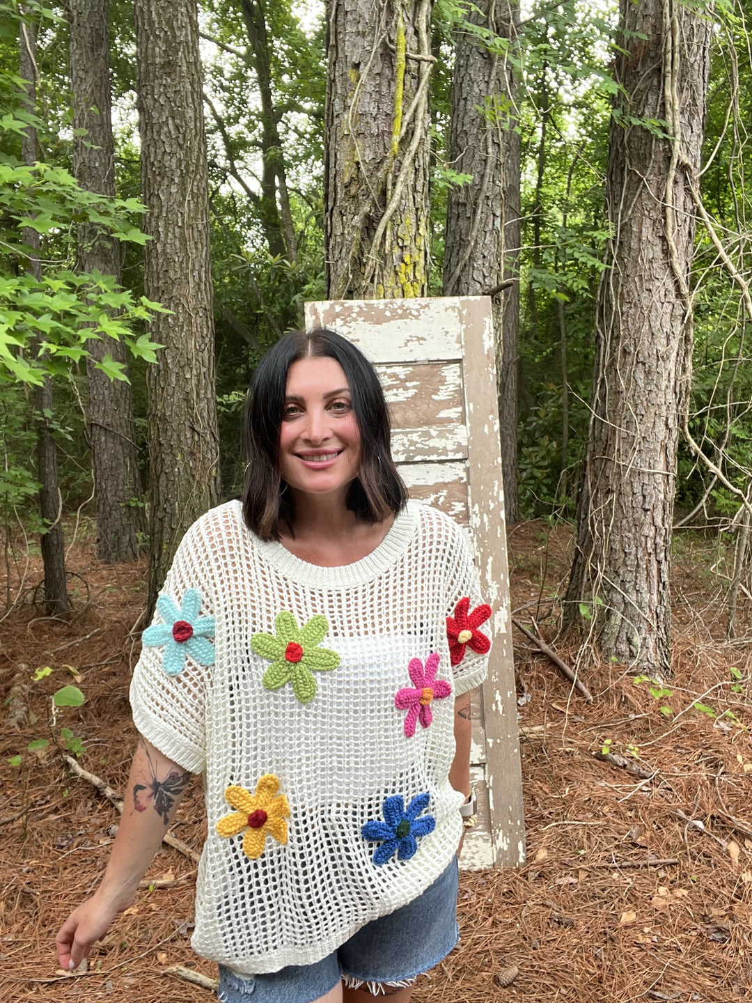 ONLINE EXCLUSIVE Crochet Flower Open Knit Top