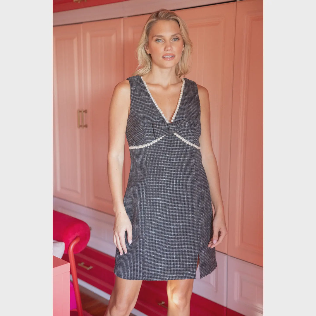 VOY Pearl Detailed Bow Tweed Dress- Black