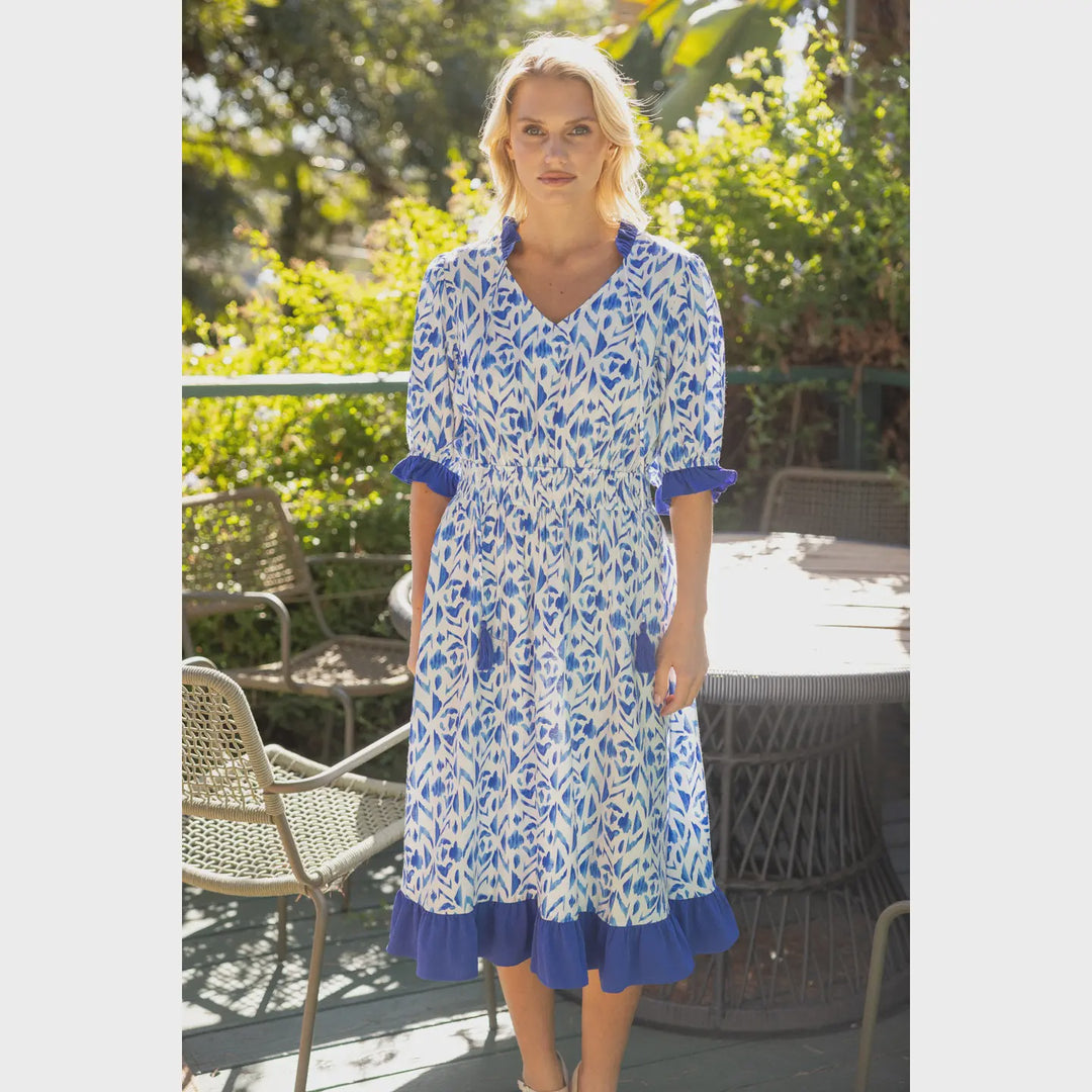 VOY  Contrast Tassel and Ruffle Detailed Midi Print Dress- Blue