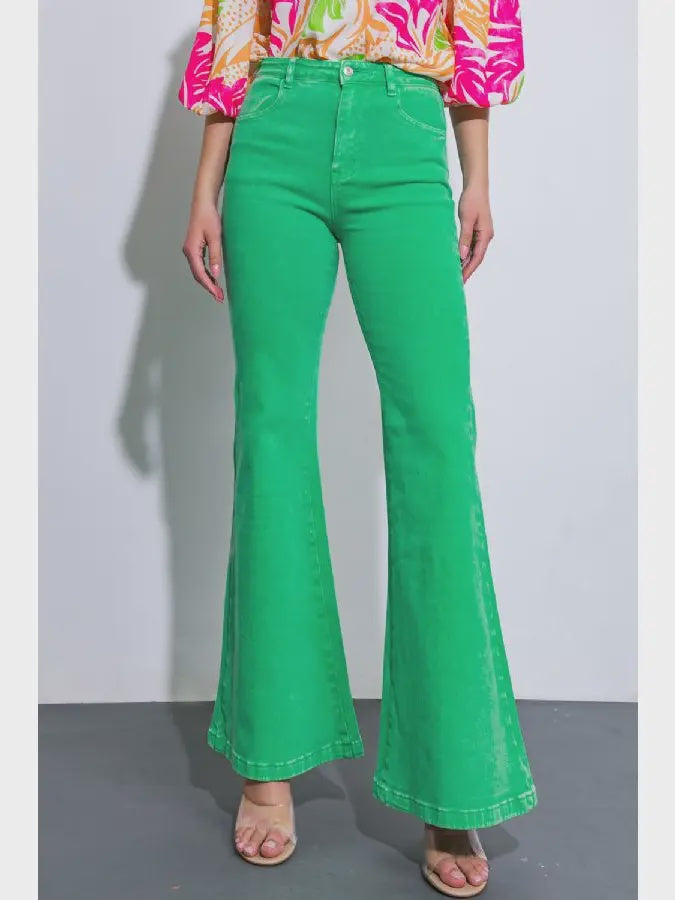 Green Flare Leg Twill Pant