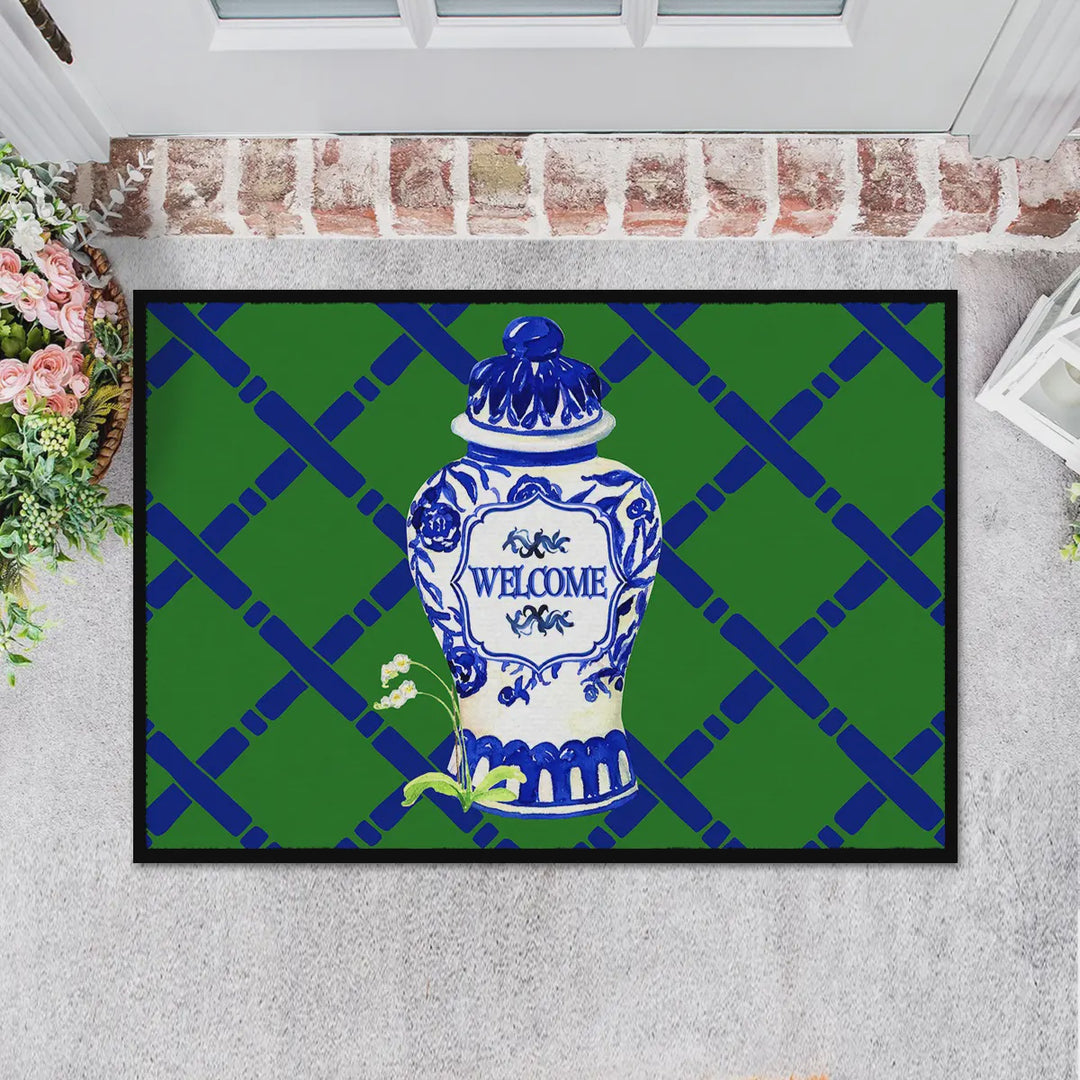 Green Blue Ginger Jar Bamboo Doormat