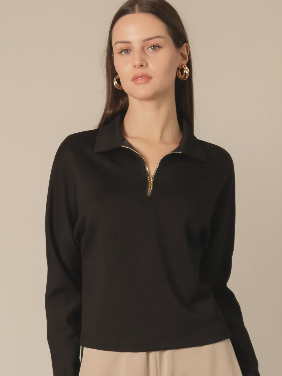 P. Cill Butter Modal Long Sleeve Quarter Zip Top- Black