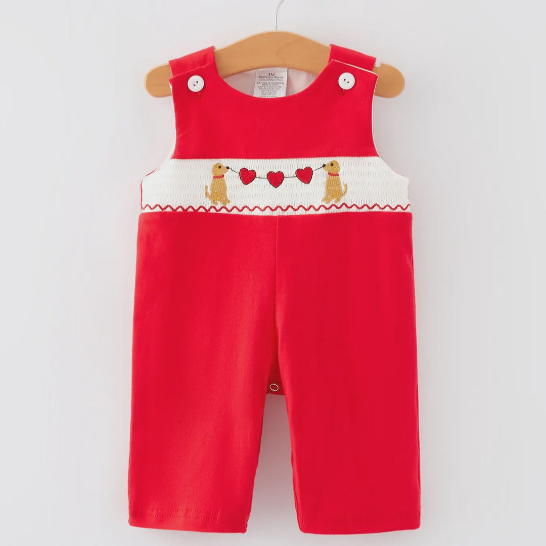 Valentine's Day Dog Heart Smocking Embroidered Boys Romper