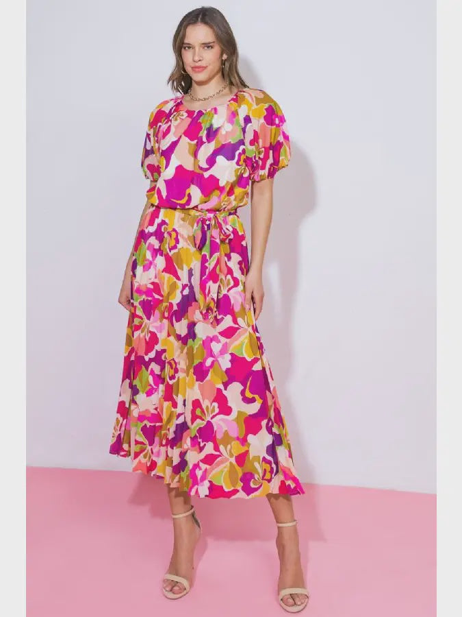 Fuchsia/Purple Printed Woven Puff Sleeve Midi Dress