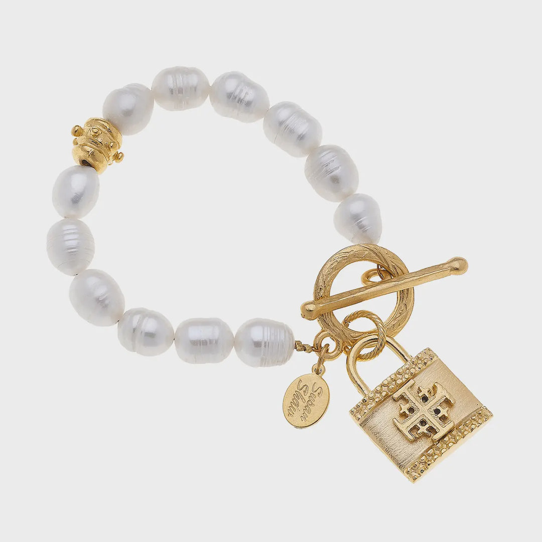 Susan Shaw  Freshwater Pearl & Jerusalem Cross Lock Bracelet