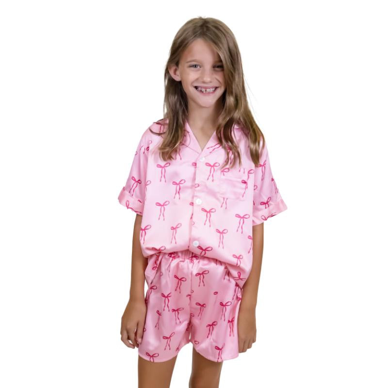 Kids "Tied with A Bow" Satin Pajama Short Set