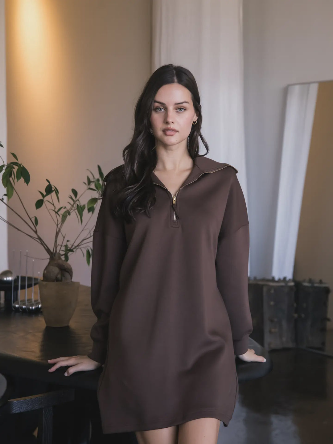 P. CILL Cocoa Butter Modal Quarter Zip Up Long Sleeve Dress