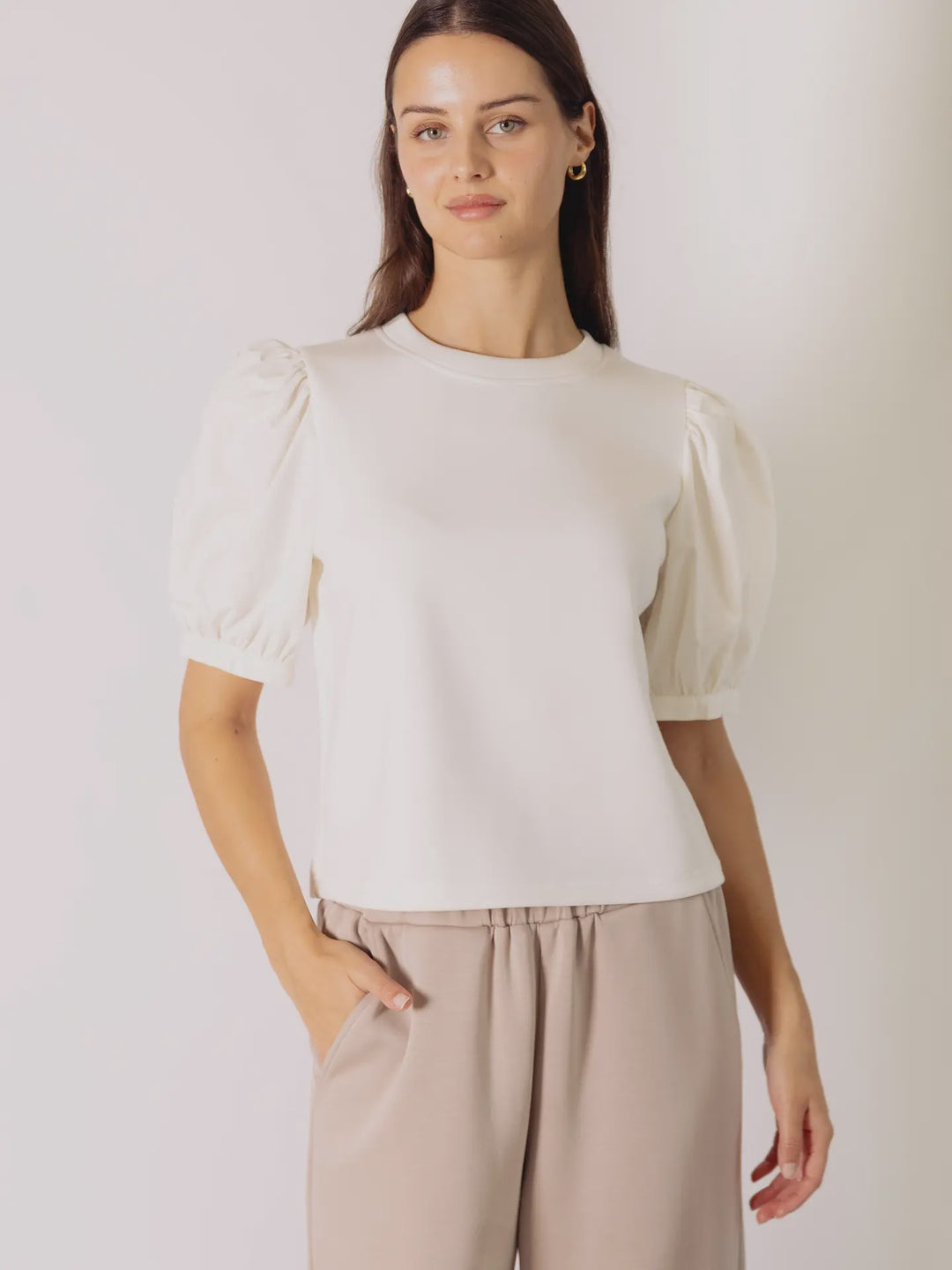 P. Cill Ivory Butter Modal Round Neck Poplin Sleeve Top