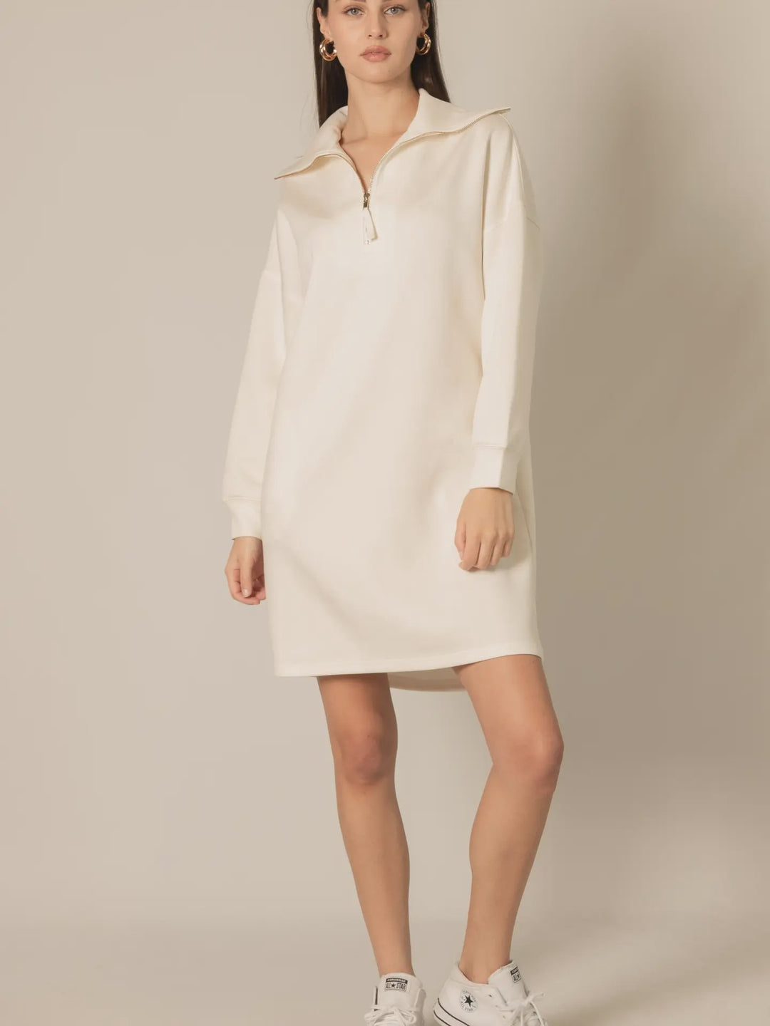 P. Cill Butter Modal Quarter Zip Up Long Sleeve Dress- Ivory