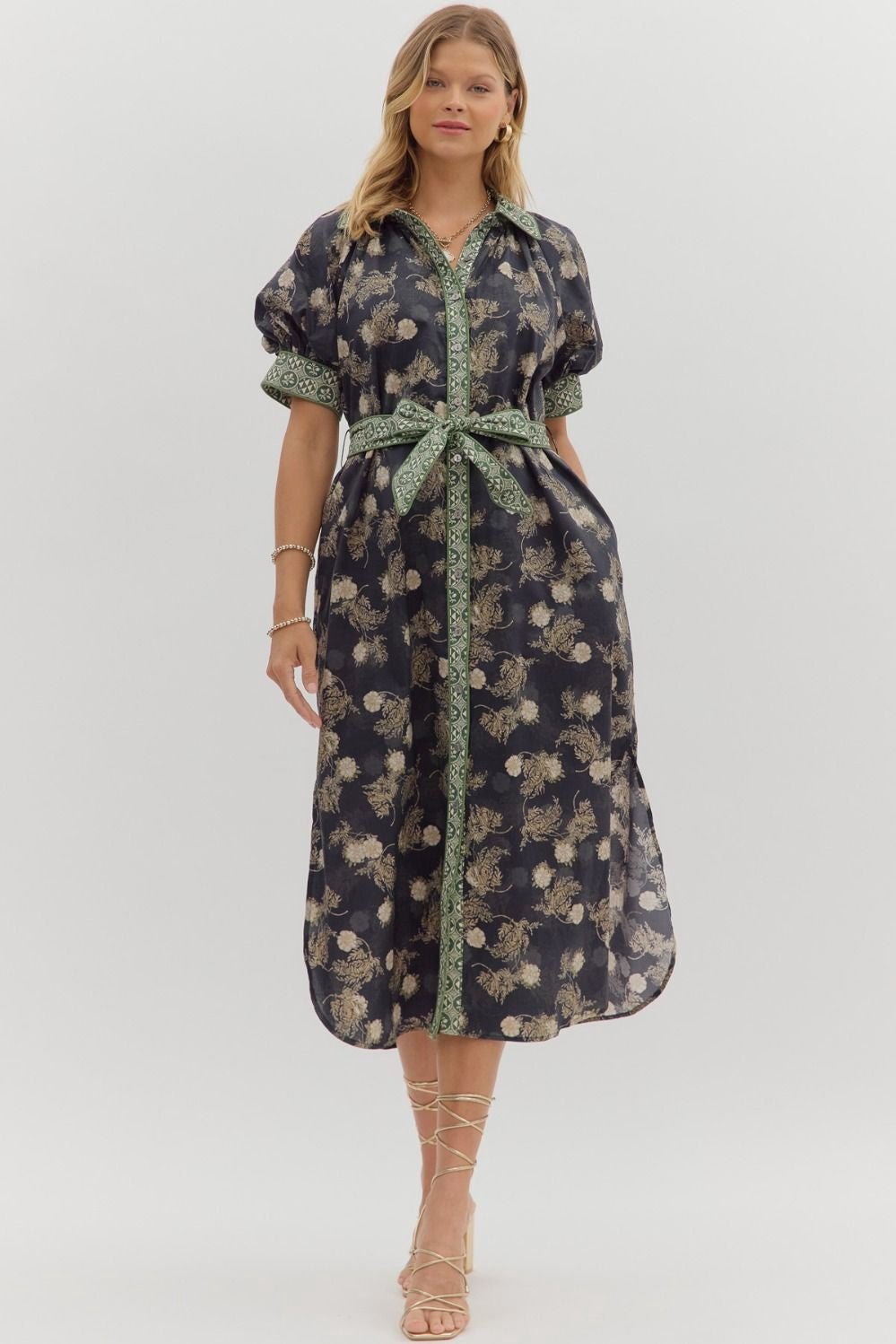 Entro Puff Sleeve Floral Midi Dress- Navy