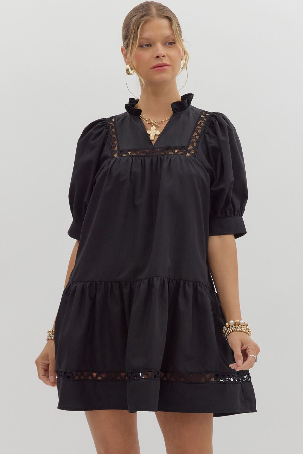 Entro Ruffle Hem Mini Dress with Scallop Accent Trim- Black