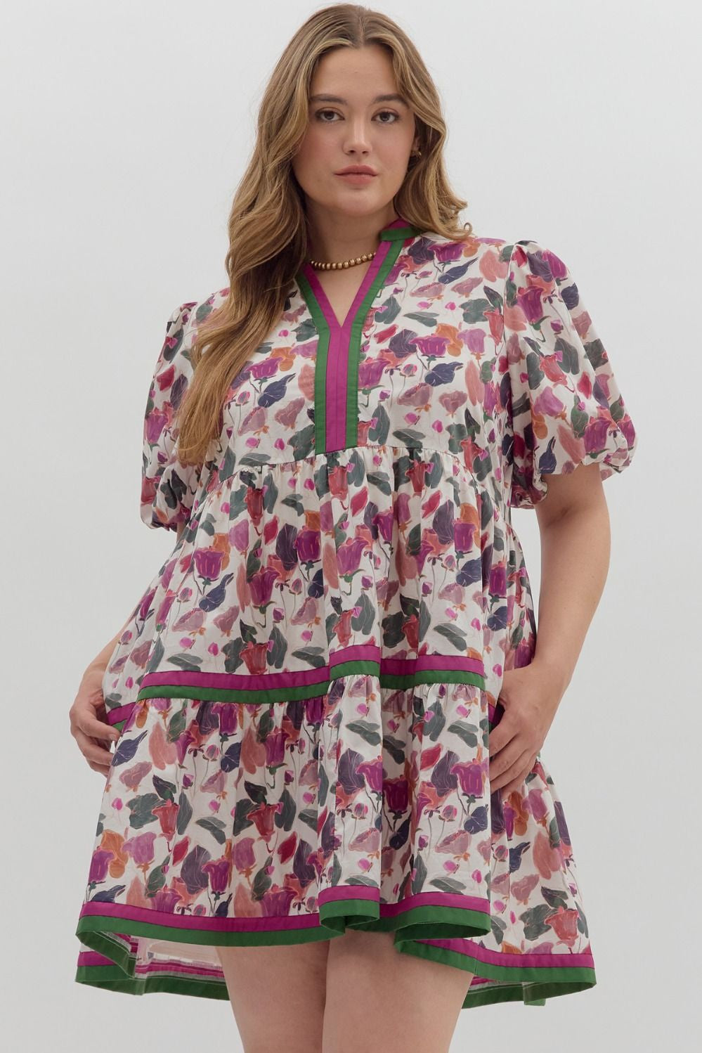 Plum Plus Size Floral Print Bubble Sleeve Dress