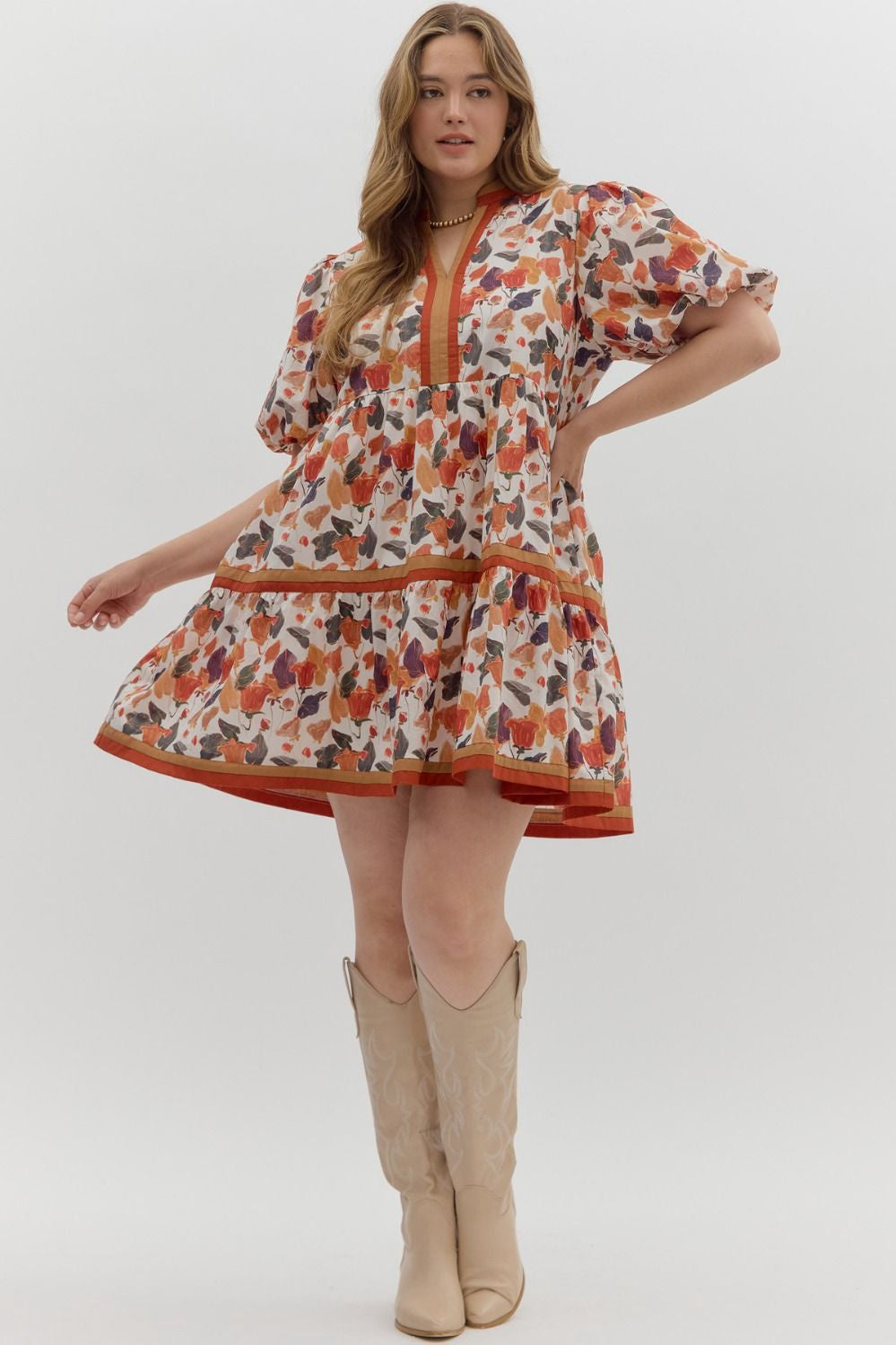 Entro Pumpkin Plus Size Floral Print Bubble Sleeve Dress