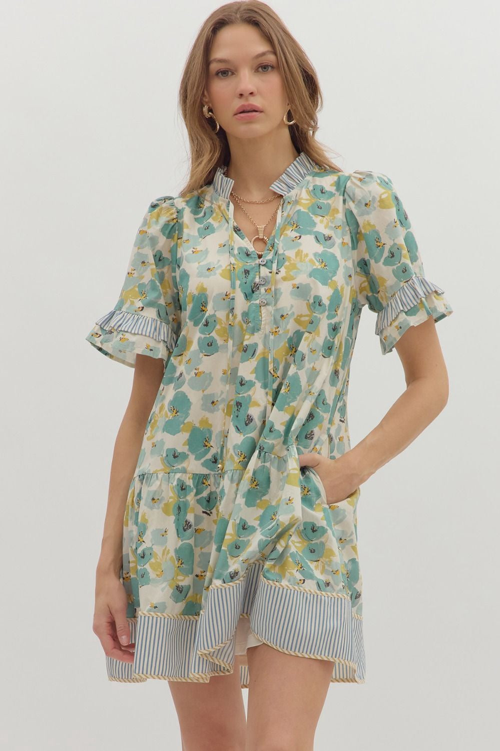 Entro Floral Pattern Short Sleeve Mini Dress- Light Teal