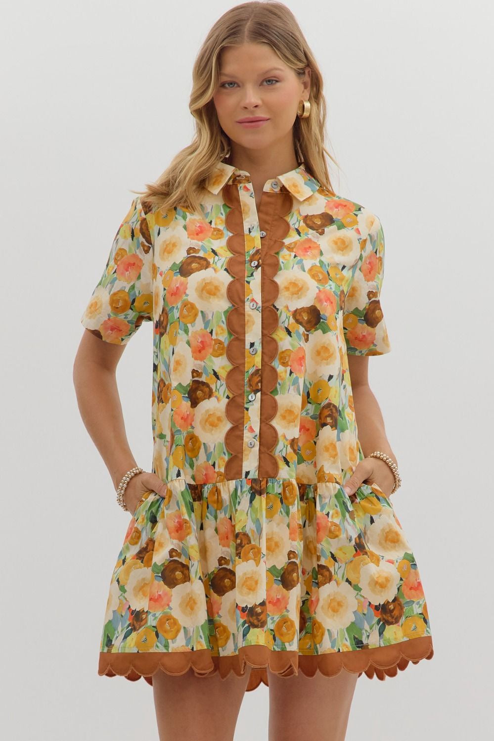 Entro Caramel Floral Print Short Sleeve Top