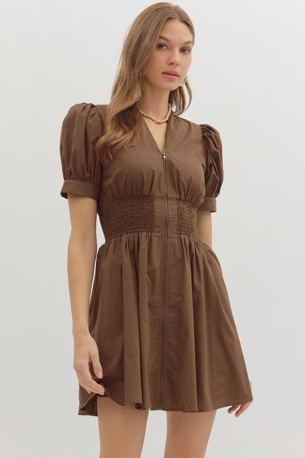 Entro V-Neck Puff Sleeve Mini Dress- Brown