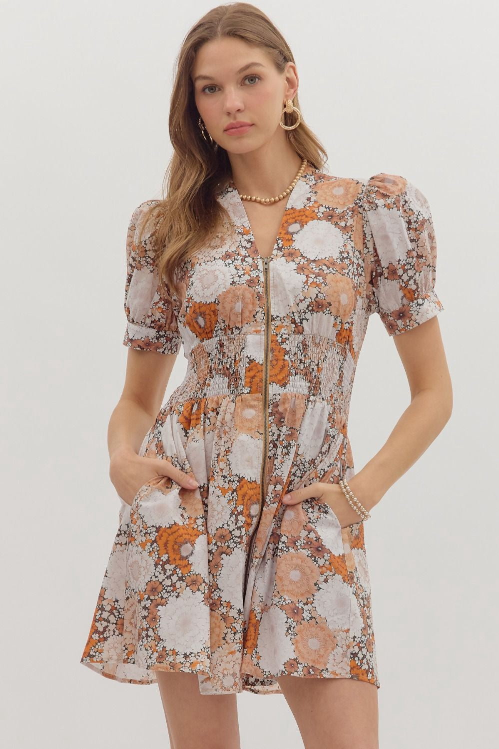Entro Floral Print Puff Sleeve V-Neck Mini Dress- Rust Combo